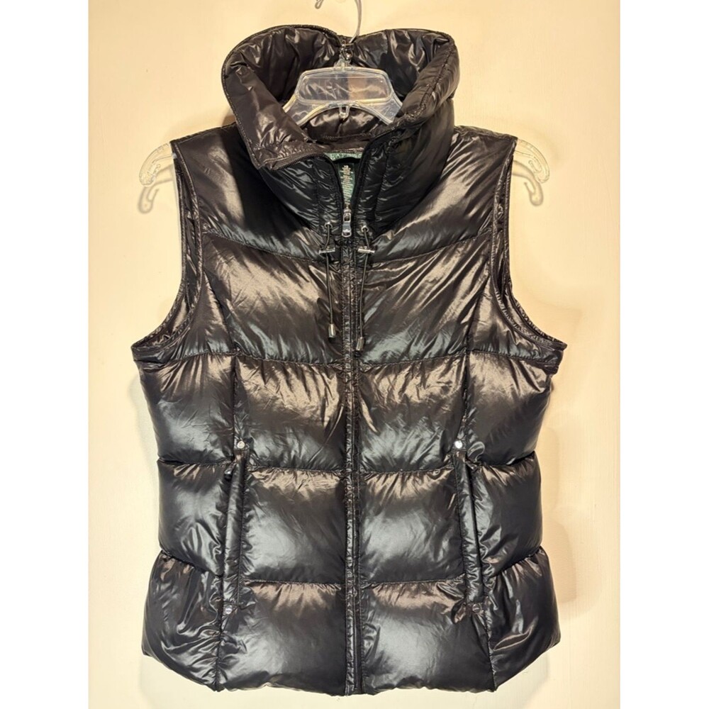 Lauren Ralph Lauren Down Feather Filled Black Quilted Zip Pockets Vest Collar XS